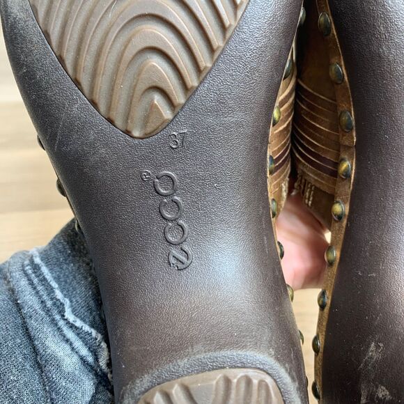 Ecco Leather Studded Slip On Size 6 EU 37 Mules Clogs Chunky Strap Boho Brown - Picture 9 of 14